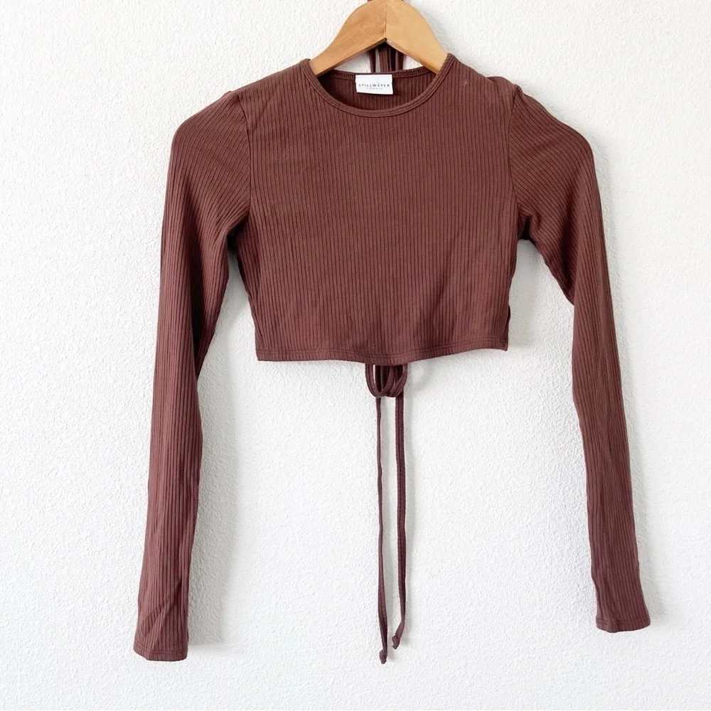 Stillwater Rib Cross Chocolate Brown Long Sleeve Crop Top - Picture 3 of 8